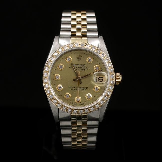Rolex DateJust Two-Tone 31mm Custom Diamond Bezel Women's Wristwatch: ****** Rolex DateJust Two-Tone 31mm Custom Diamond Bezel Women's Wristwatch ****** One Womens, Rolex DateJust 31mm Champagne Diamond Dial Custom Diamond Bezel Womens Wristwatch Stainless Steel