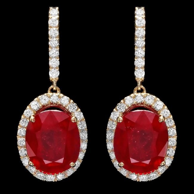 14k Gold 13.00ct Ruby 1.50ct Diamond Earrings: Retail: $8,850.00 ****** 14k Gold 13.00ct Ruby 1.50ct Diamond Earrings ****** Metal: 14k Solid Yellow Gold / Total Item Weight: 8.00 grams / Country Made: United States / / Main Stone: Ruby / Color: