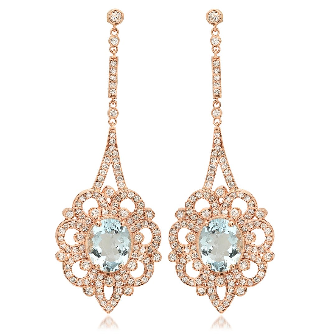 14K Rose Gold, 7.59cts Aquamarine, 2.63cts Diamond Earring: Retail: $21,638.00****** 14K Rose Gold, 7.59cts Aquamarine, 2.63cts Diamond Earring******* Metal: 14K Rose Gold/ Country Made USA// Main Stone: Aquamarine/ Adjacent Stone: Diamond/ Main Stone Wt.: