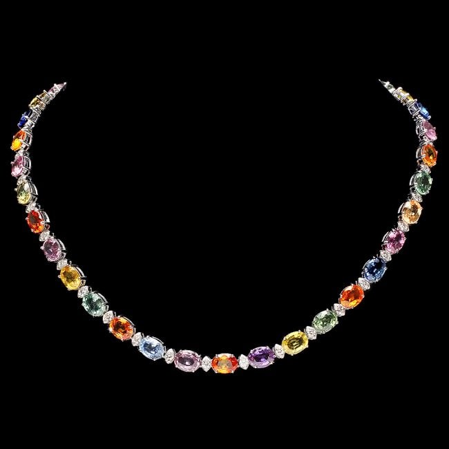 14k Gold 57.00ct Sapphire 2.50ct Diamond Necklace: Retail: $42,500.00 ****** 14k Gold 57.00ct Sapphire 2.50ct Diamond Necklace ****** Metal: 14k Solid White Gold / Size: 16.5 / Total Item Weight: 38 grams / Country Made: United States / / Main Stone: 