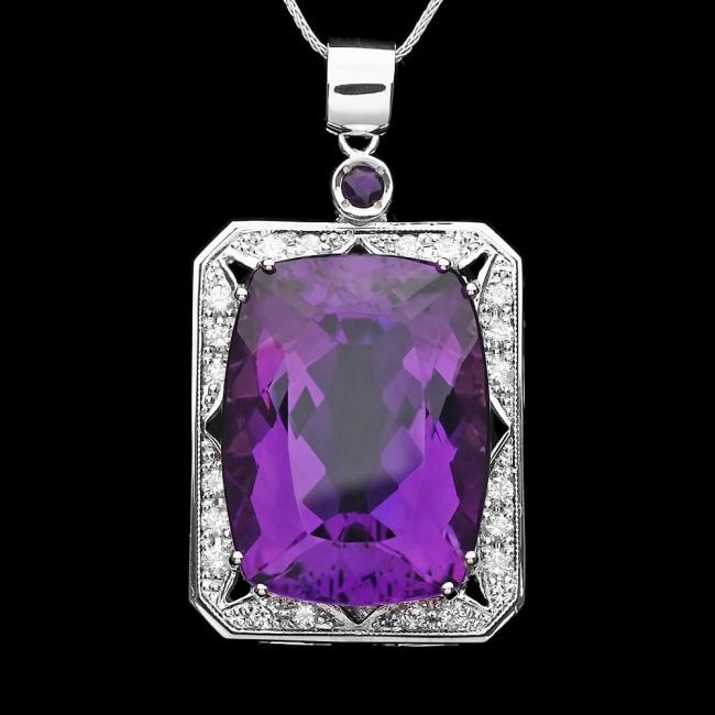 14k Gold 42ct Amethyst 1ct Diamond Pendant: Certified: $16,400.00 ****** Metal: 14k Solid White Gold / Size: 7 / Total Item Weight: 20.5 grams / Country Made: United States / / Main Stone: Amethyst / Color: Purple / Carat Total Weight: 42.00 / 