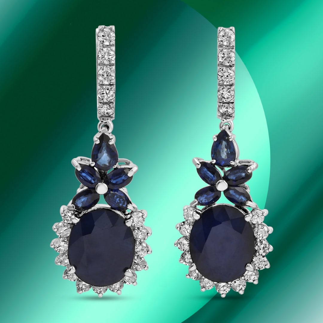14K Gold 18.90cts Sapphire & 1.44 Diamond Earrings: Retail: $17,273*****14K Gold Sapphire & Diamond Earrings*****Metal: 14K White Gold/ Total Wt.: 17.0g / Country Made US// Main Stone: Sapphire / Carat Total Wt.: 18.90cts / Treatment: Diffusion / Color
