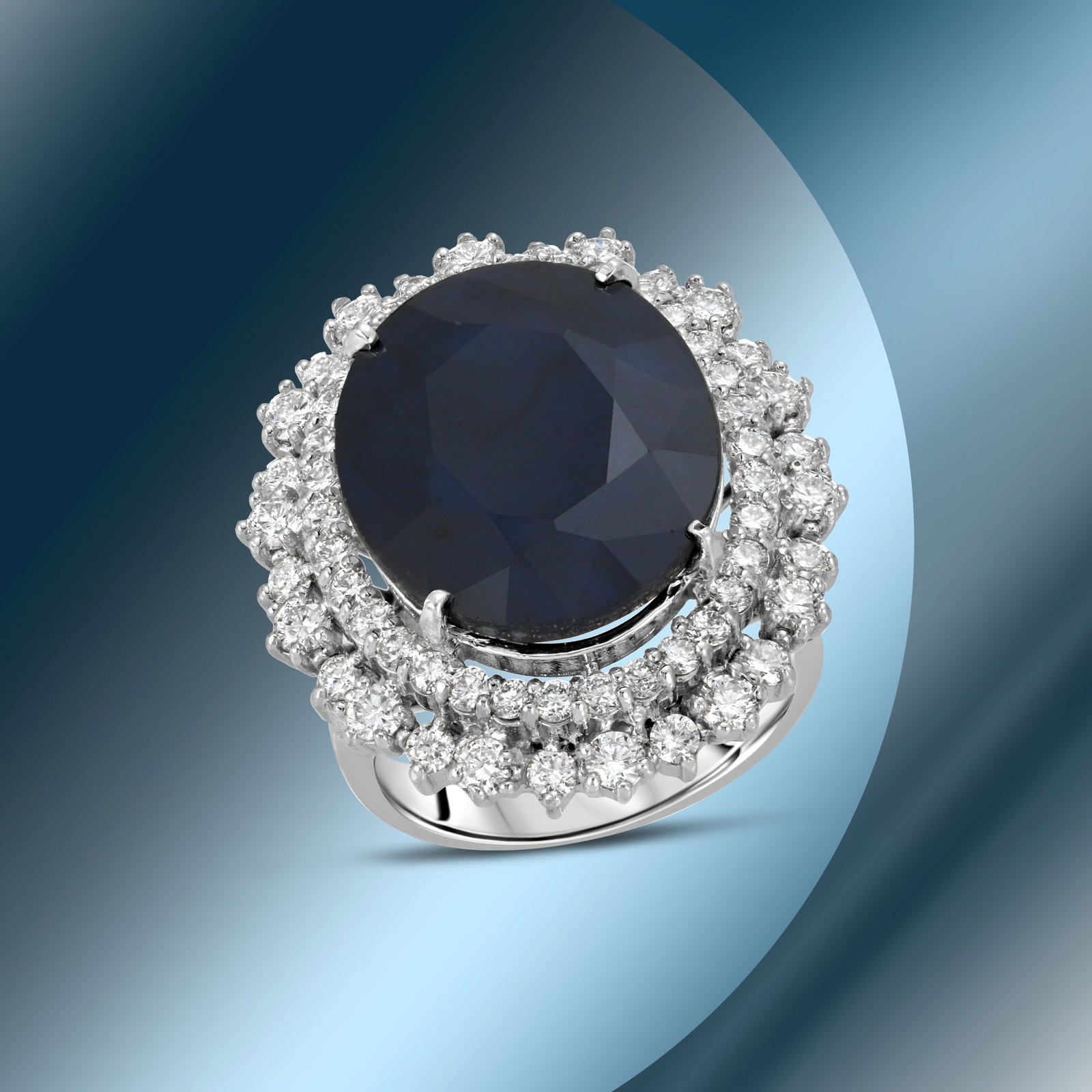 14K Gold 16.88cts Sapphire & 2.18cts Diamond Ring: Retail: $12,135***** 14K Gold 16.88cts Sapphire & 2.18cts Diamond Ring****** Metal: 14K White Gold/ Total Wt.: 12.2g/ Country Made USA// Main Stone: Sapphire / Carat Total Wt: 16.88cts / Treatment: He