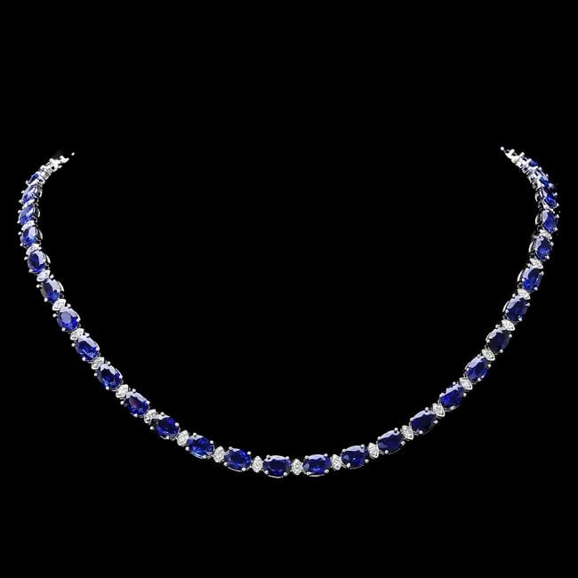 18k Gold 40.00ct Sapphire 1.90ct Diamond Necklace: Retail: $33,800.00 ****** 18k Gold 40.00ct Sapphire 1.90ct Diamond Necklace ****** Metal: 18k Solid White Gold / Size: 16.5 / Total Item Weight: 31.5 grams / Country Made: United States / / Main Stone