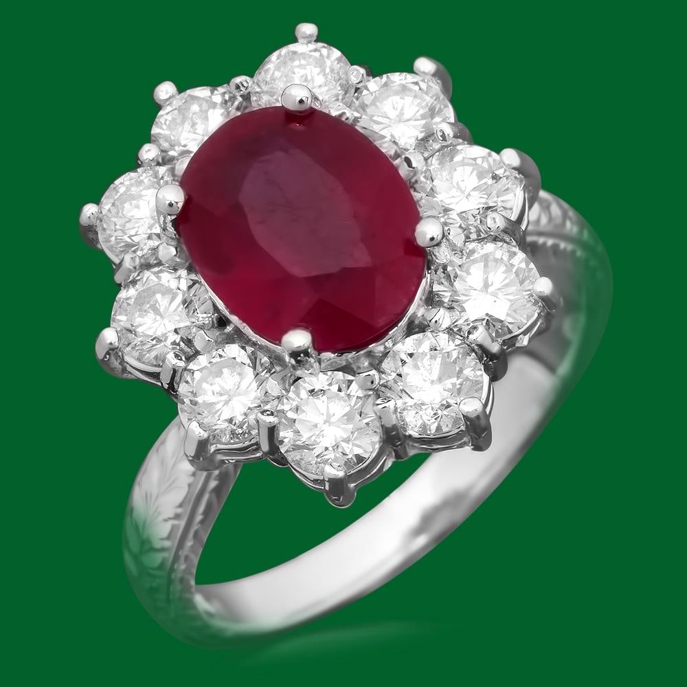 14k Gold 3.21ct Ruby 2.02ct Diamond Ring: Retail: $7,800.00 ****** 14k Gold 3.21ct Ruby 2.02ct Diamond Ring ****** Metal: 14k Solid White Gold / Size: 7 / Total Item Weight: 8.0 grams / Country Made: United States / / Main Stone: Ruby / Color
