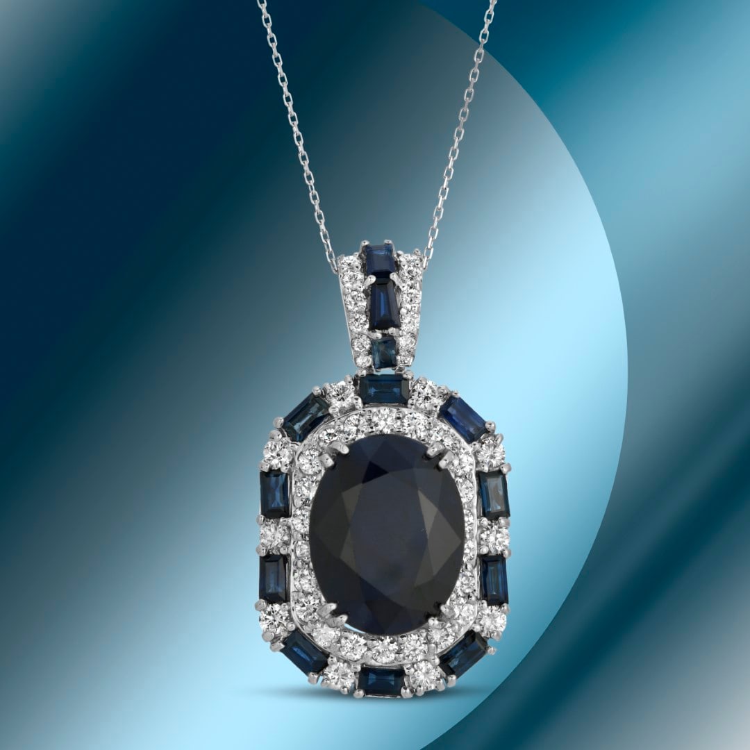 14K Gold 14.44cts Sapphire & 2.86cts Diamond Pendant: Retail: $17,163***** 14K Gold 14.44cts Sapphire & 2.86cts Diamond Pendant****** Metal: 14K White Gold/ Total Wt.: 11.4g/ Country Made USA// Main Stone: Sapphire / Carat Total Wt: 14.44cts / Treatment: