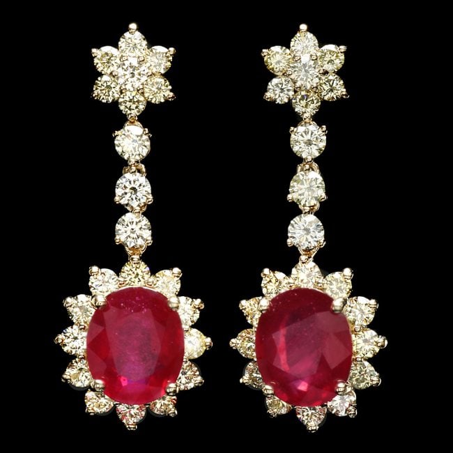 14k Gold 9.50ct Ruby 3.90ct Diamond Earrings: Retail: $17,300.00 ****** 14k Gold 9.50ct Ruby 3.90ct Diamond Earrings ****** Metal: 14k Solid Yellow Gold / Total Item Weight: 8.5 grams / Country Made: United States / / Main Stone: Ruby / Color: Re
