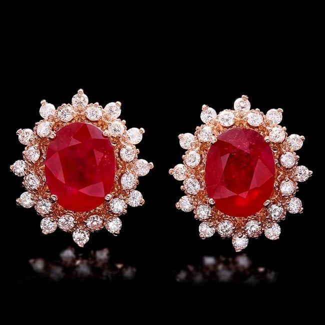 14k Rose Gold 8.00ct Ruby 1.30ct Diamond Earrings (1 of 5)