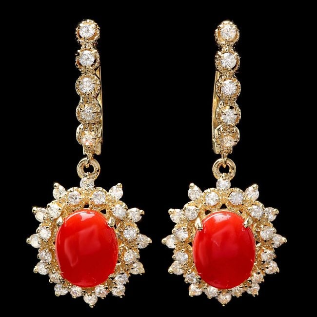 14k Gold 4.00ct Coral 1.50ct Diamond Earrings: Retail: $11,360.00 ****** 14k Gold 4.00ct Coral 1.50ct Diamond Earrings ****** Metal: 14k Solid Yellow Gold / Total Item Weight: 8.0 grams / Country Made: United States / / Main Stone: Coral / Color: 