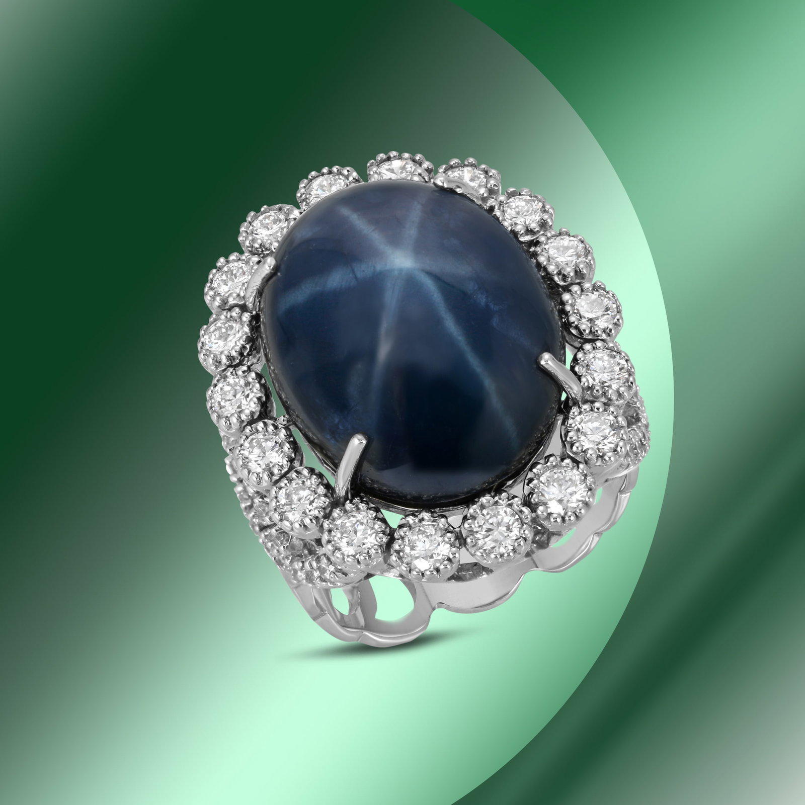 14K Gold 24.77cts Star Sapphire & 1.82cts Diamond Ring: Retail: $18,492***** 14K Gold 24.77cts Star Sapphire & 1.82cts Diamond Ring****** Metal: 14K White Gold/ Total Wt.: 13.6g/ Country Made USA// Main Stone: Sapphire/ Carat Total Wt: 24.77cts / Treatment