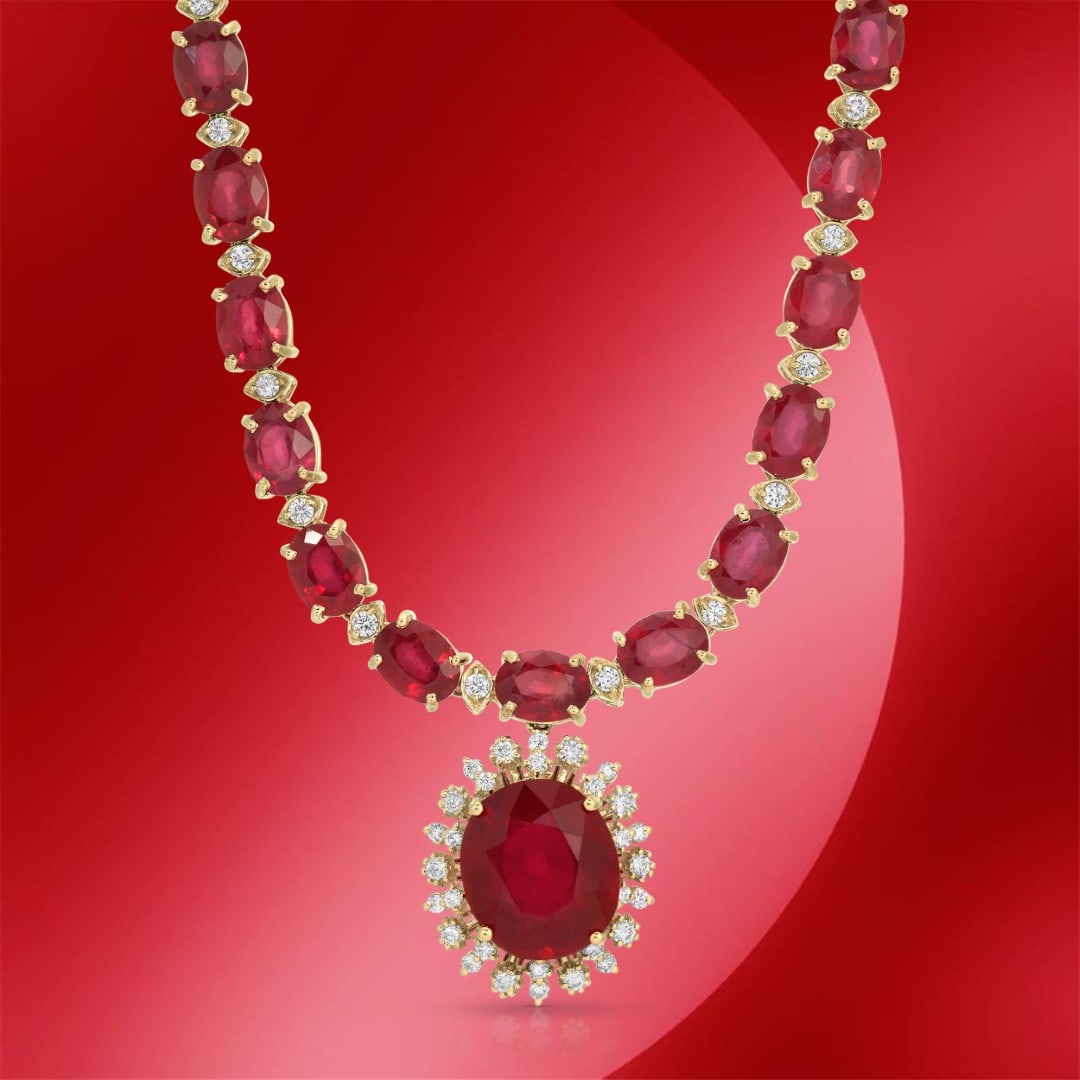 14K Gold 74.28cts Ruby & 1.74cts Diamond Necklace: Retail: $63,750*****14K Gold Ruby & Diamond Necklace*****Metal: 14K Rose Gold/ Total Wt.: 45.6g / Country Made US// Main Stone: Ruby / Carat Total Wt.: 74.28cts / Treatment: Fracture Filled / Color: R