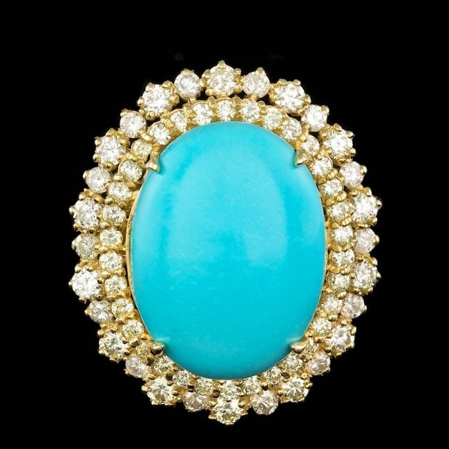 14k Gold 12.00ct Turquoise 2.05ct Diamond Ring: Retail: $12,500.00 ****** 14k Gold 12.00ct Turquoise 2.05ct Diamond Ring ****** Metal: 14k Solid Yellow Gold / Size: 6.75 / Total Item Weight: 11.7 grams / Country Made: United States / / Main Stone: 