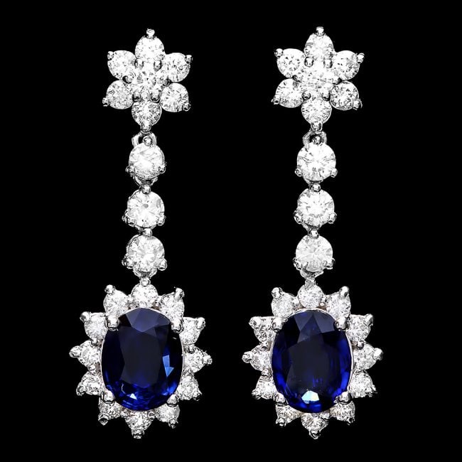 14k Gold 3ct Sapphire 3.25ct Diamond Earrings: Retail: $12,100.00 ****** 14k Gold 3ct Sapphire 3.25ct Diamond Earrings ****** Metal: 14k Solid White Gold / Total Item Weight: 6.0 grams / Country Made: United States / / Main Stone: Sapphire / Color