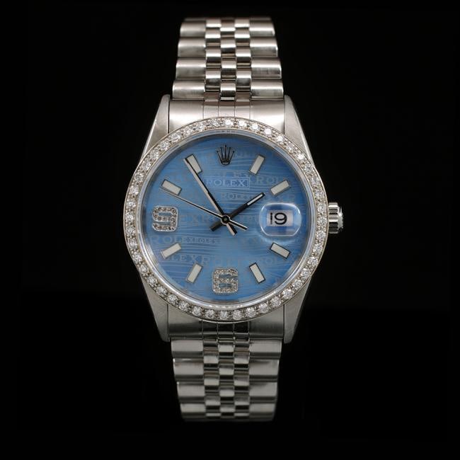 Rolex DateJust SS 36mm Custom Diamond Bezel Men's Wristwatch: ****** Rolex DateJust SS 36mm Custom Diamond Bezel Men's Wristwatch ****** One Mens, Rolex DateJust 36mm Blue Dial With Pave Diamonds On Hour Markers 6 & 9 Custom Diamond Bezel Mens Wristwatch Stainle