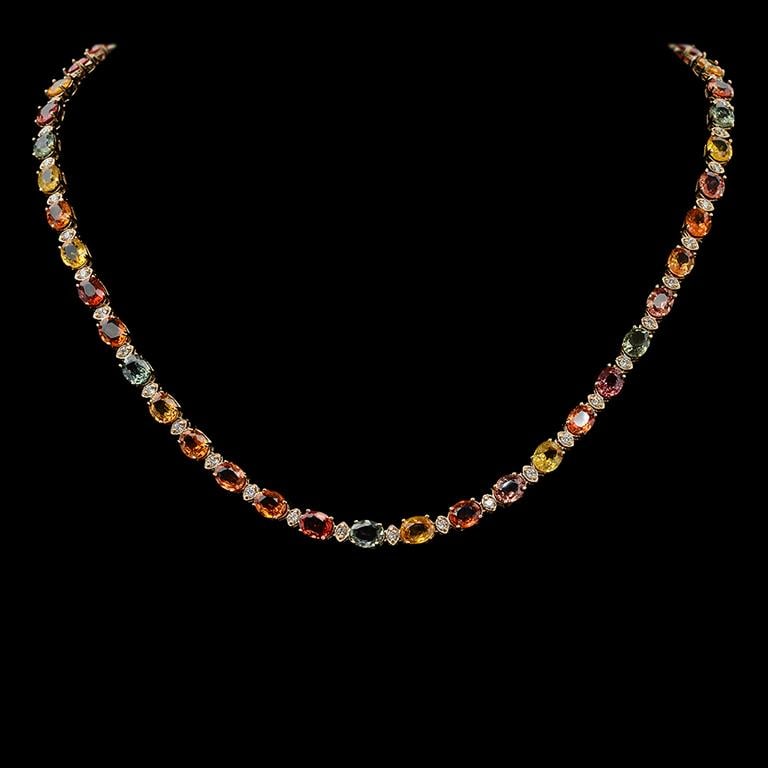 14K Gold 35.35ct Multi Color Sapphire 1.41ct Diamond Necklace