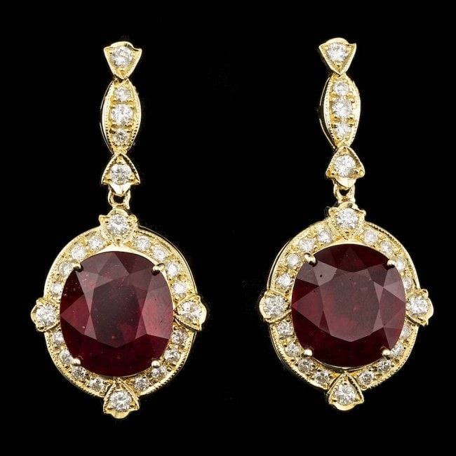 14k Gold 23.50ct Ruby 1.80ct Diamond Earrings: Retail: $14,600.00 ****** 14k Gold 23.50ct Ruby 1.80ct Diamond Earrings ****** Metal: 14k Solid Yellow Gold / Total Item Weight: 14.5 grams / Country Made: United States / / Main Stone: Ruby / Color: 