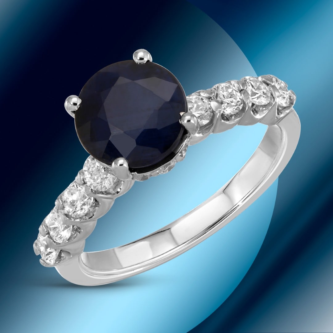 14K Gold 2.58cts Sapphire & 1.17cts Diamond Ring: Retail: $9,185*****14K Gold Sapphire & Diamond Ring*****Metal: 14K White Gold/ Total Wt.: 4.6g / Country Made US// Size 7 / Main Stone: Sapphire / Carat Total Wt.: 2.58cts / Treatment: Diffusion / Col