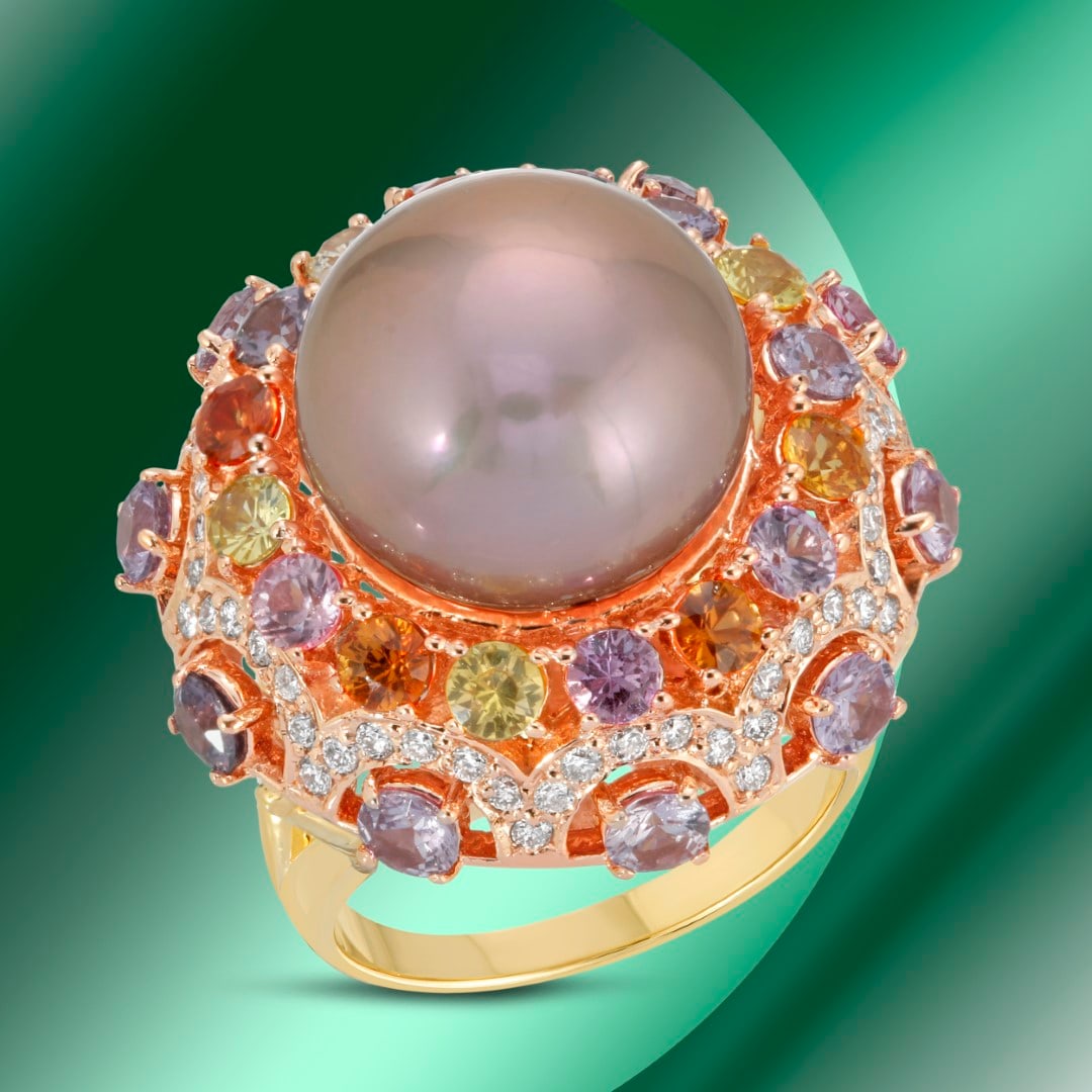 14K Gold 15mm South Sea Pearl, 6.14cts Sapphire & 1.22cts Diamond Ring