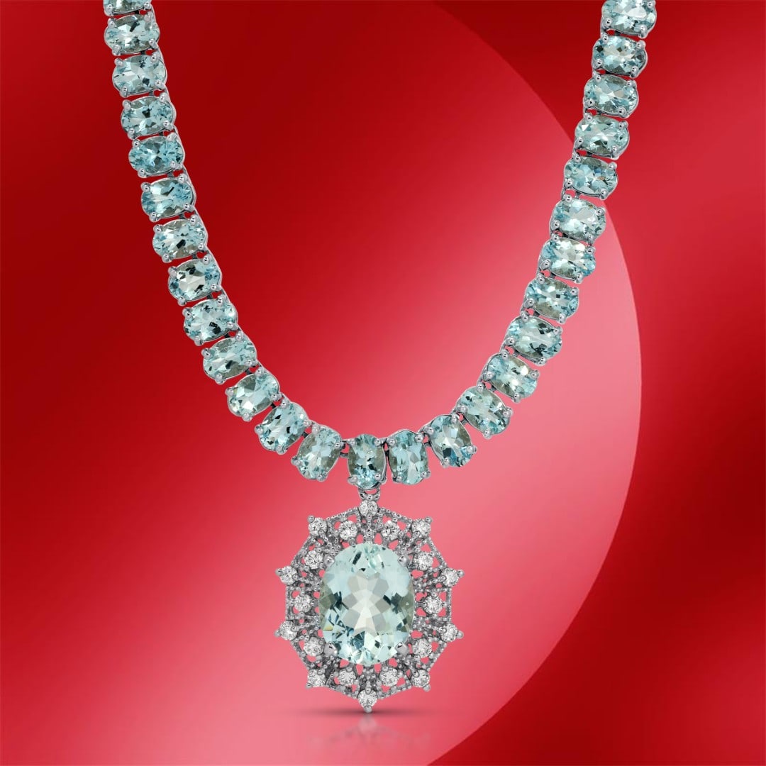 14K Gold 39.89cts Aquamarine & 0.60cts Diamond Necklace: Retail: $31,960*****14K Gold Aquamarine & Diamond Necklace*****Metal: 14K White Gold/ Total Wt.: 33.1g / Country Made US// Main Stone: Aquamarine / Carat Total Wt.: 39.89cts / Treatment: none / Color: