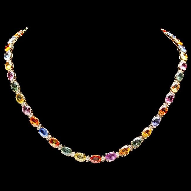 14k Gold 55ct Sapphire 2.3ct Diamond Necklace: Retail: $46,800.00 ****** 14k Gold 55ct Sapphire 2.3ct Diamond Necklace ****** Metal: 14k Solid Yellow Gold / Size: 17.5 / Total Item Weight: 35.5 grams / Country Made: United States / / Main Stone: S
