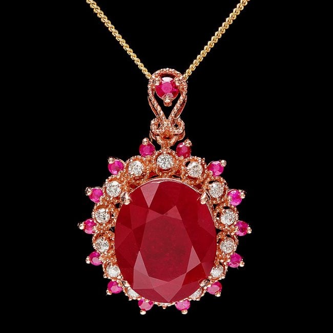 14k Rose Gold 13.45ct Ruby 0.35ct Diamond Pendant: Retail: $4,800.00 ****** 14k Rose Gold 13.45ct Ruby 0.35ct Diamond Pendant ****** Metal: 14k Solid Rose Gold / Size: 16 / Total Item Weight: 6.5 grams / Country Made: United States / / Main Stone: Rub