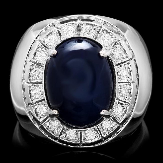 14k 15.50ct Sapphire 0.50ct Diamond Mens Ring: Retail: $7,600.00 ****** 14k 15.50ct Sapphire 0.50ct Diamond Mens Ring ****** Metal: 14k Solid White Gold / Size: 9.75 / Total Item Weight: 15.0 grams / / Main Stone: Sapphire / Color: Blue / Carat To