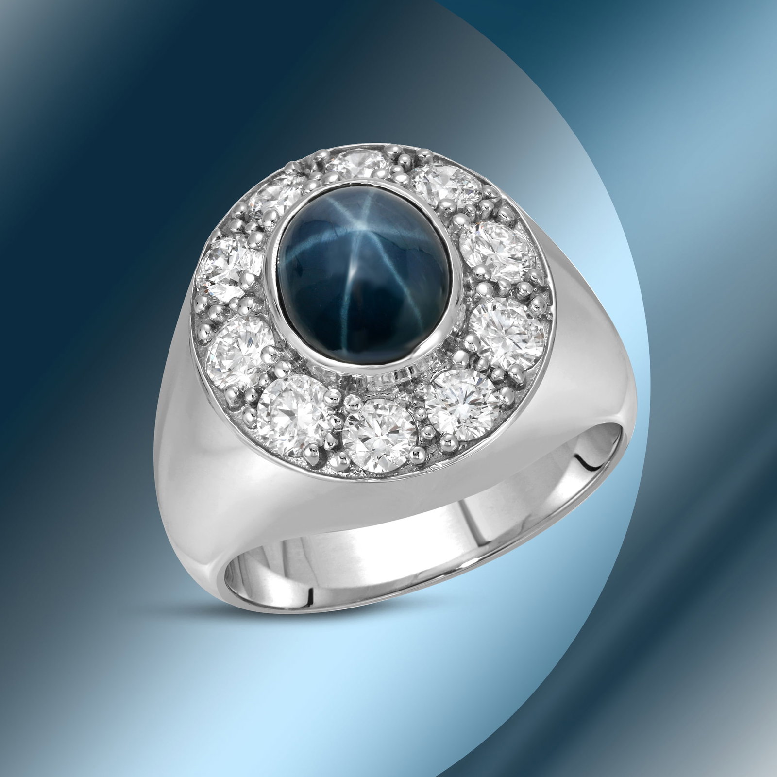 14K Gold 5.54cts Star Sapphire & 2.26cts Diamond Ring: Retail: $14,526***** 14K Gold 5.54cts Star Sapphire & 2.26cts Diamond Ring****** Metal: 14K White Gold/ Total Wt.: 12.1g/ Country Made USA// Main Stone: Sapphire/ Carat Total Wt: 5.54cts / Treatment: 
