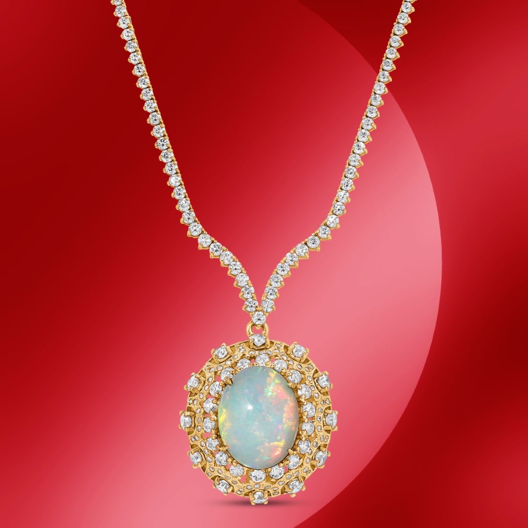 14K Gold 19.88cts Opal & 11.76cts Diamond Necklace: Retail: $90,743*****14K Gold Opal & Diamond Necklace*****Metal: 14K Yellow Gold/ Total Wt.: none / Country Made US// Main Stone: Opal / Carat Total Wt.: 19.88cts / Treatment: none / Color: none / Cut: