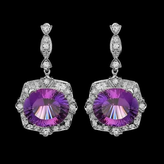 14k Gold 18.00ct Amethyst 1.90ct Diamond Earrings: Retail: $12,500.00 ****** 14k Gold 18.00ct Amethyst 1.90ct Diamond Earrings ****** Metal: 14k Solid White Gold / Total Item Weight: 15.5 grams / Country Made: United States / / Main Stone: Amethyst / 