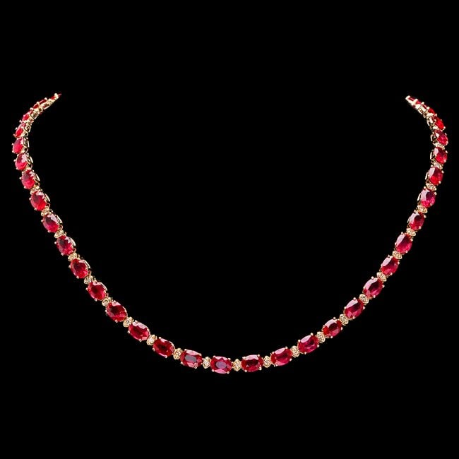 14k Gold 45.00ct Ruby 1.75ct Diamond Necklace: Retail: $26,500.00 ****** 14k Gold 45.00ct Ruby 1.75ct Diamond Necklace ****** Metal: 14k Solid Yellow Gold / Size: 17.25 / Total Item Weight: 26 grams / Country Made: United States / / Main Stone: Ru