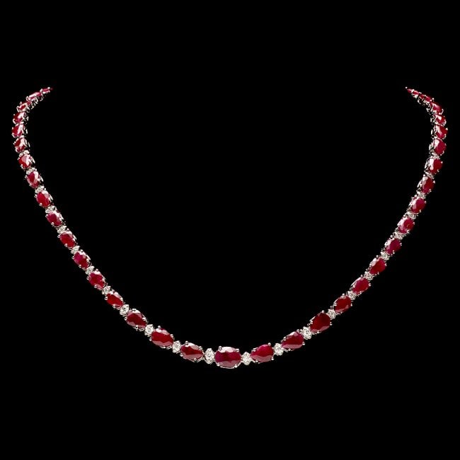 14k Gold 28.50ct Ruby 1.00ct Diamond Necklace: Retail: $24,350.00 ****** 14k Gold 28.50ct Ruby 1.00ct Diamond Necklace ****** Metal: 14k Solid White Gold / Size: 17 / Total Item Weight: 21.0 grams / Country Made: United States / / Main Stone: Ruby