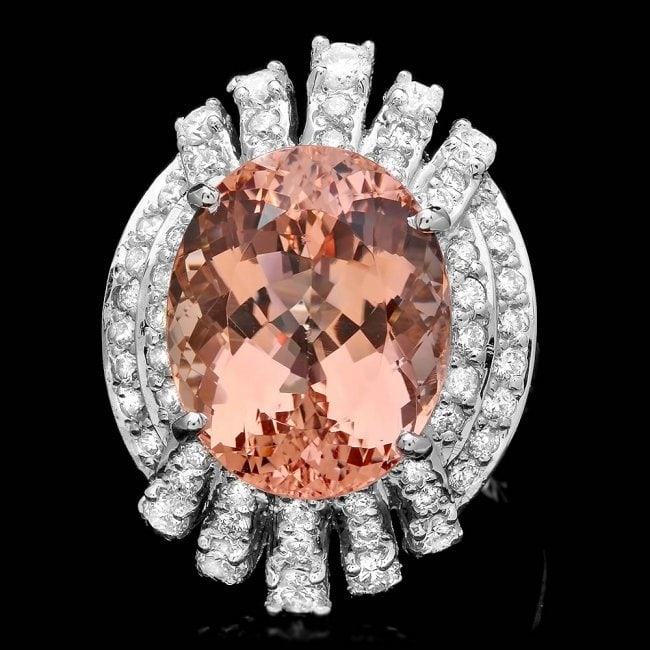 14k Gold 10.40ct Morganite 1.30ct Diamond Ring: Retail: $11,350.00 ****** 14k Gold 10.40ct Morganite 1.30ct Diamond Ring ****** Metal: 14k Solid White Gold / Size: 7 / Total Item Weight: 8.0 grams / Country Made: United States / / Main Stone: Morga