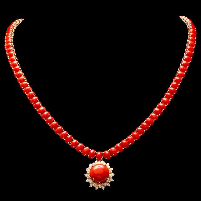 14k Gold 39ct Coral 0.80ct Diamond Necklace: Retail: $22,800.00 ****** 14k Gold 39ct Coral 0.80ct Diamond Necklace ****** Metal: 14k Solid Yellow Gold / Size: 17 / Total Item Weight: 33.5 grams / Country Made: United States / / Main Stone: Coral