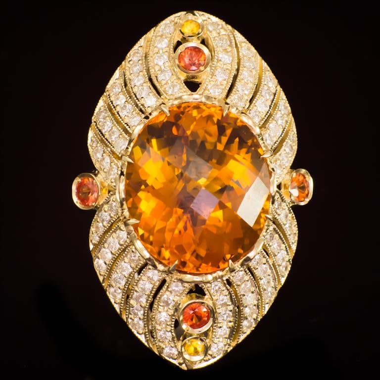 14K Gold 18.92ct Citrine, 0.75ct Fancy Color Sapphire 1.62ct Diamond Ring: Retail: $14,615.00****** Citrine, Fancy Color Sapphire & Diamond Ring ****** Metal: 14K Solid Yellow Gold / Total Item Weight: 17.6 grams / Country Made: United States / / Main Stone: Citrine / Color: