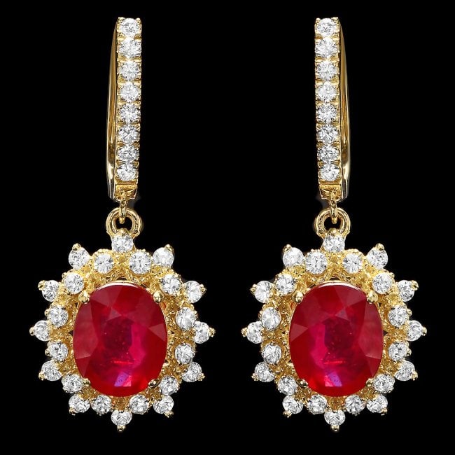 14k Gold 6.5ct Ruby 2.00ct Diamond Earrings: Retail: $12,870.00 ****** 14k Gold 6.5ct Ruby 2.00ct Diamond Earrings ****** Metal: 14k Solid Yellow Gold / Total Item Weight: 8.5 grams / Country Made: United States / / Main Stone: Ruby / Color: Red