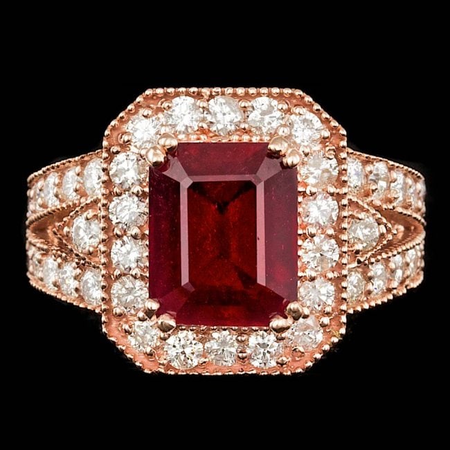 14k Rose Gold 5.00ct Ruby 1.50ct Diamond Ring: Retail: $12,200.00 ****** 14k Rose Gold 5.00ct Ruby 1.50ct Diamond Ring ****** Metal: 14k Solid Rose Gold / Size: 6.5 / Total Item Weight: 8.7 grams / Country Made: United States / / Main Stone: Ruby 