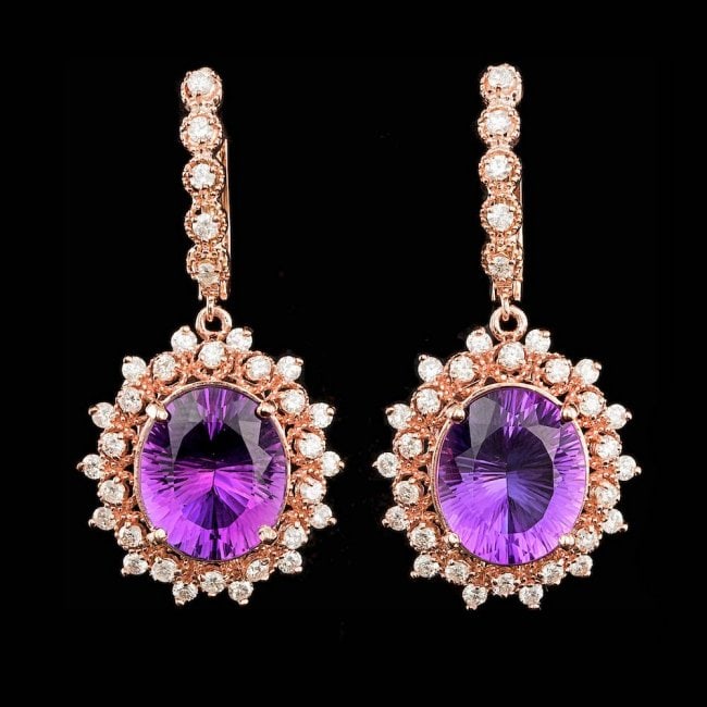 14k Rose 10.00ct Amethyst 1.85ct Diamond Earrings: Retail: $14,600.00 ****** 14k Rose 10.00ct Amethyst 1.85ct Diamond Earrings ****** Metal: 14k Solid Rose Gold / Total Item Weight: 11.0 grams / Country Made: United States / / Main Stone: Amethyst / C