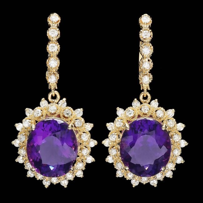 14k Gold 16ct Amethyst 1.8ct Diamond Earrings: Retail: $11,800.00 ****** 14k Gold 16ct Amethyst 1.8ct Diamond Earrings ****** Metal: 14k Solid Yellow Gold / Total Item Weight: 12.5 grams / Country Made: United States / / Main Stone: Amethyst / Col