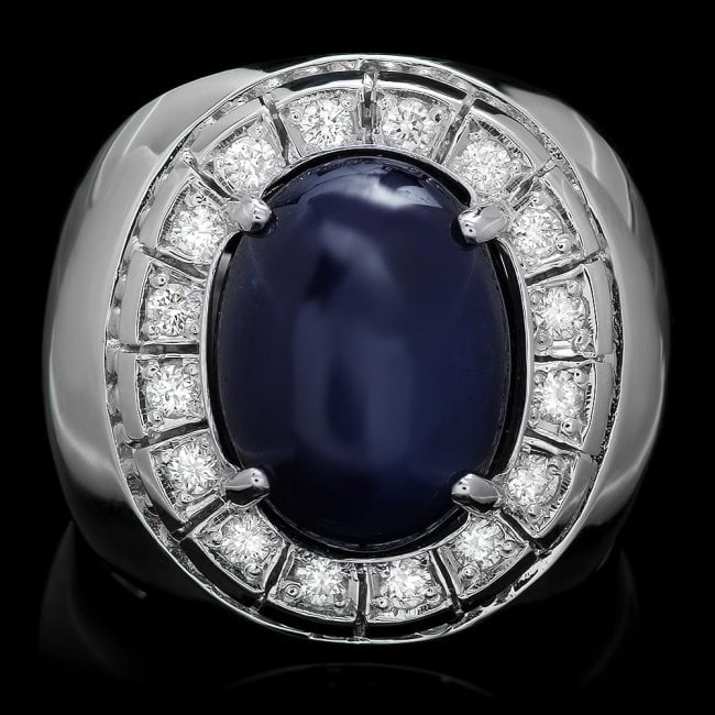 14k 15.00ct Sapphire 0.50ct Diamond Mens Ring: Retail: $13,500.00 ****** 14k 15.00ct Sapphire 0.50ct Diamond Mens Ring ****** Metal: 14k Solid White Gold / Size: 9.75 / Total Item Weight: 15.0 grams / Country Made: United States / / Main Stone: