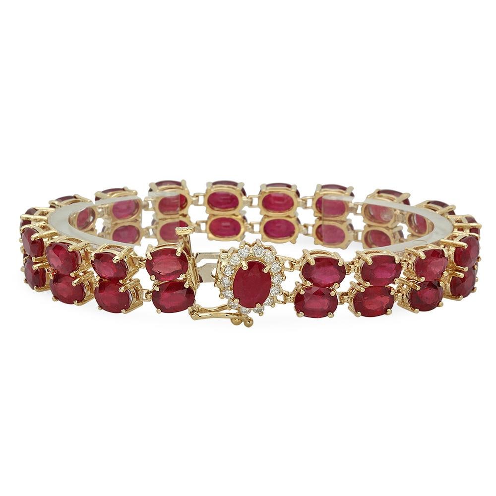 14K Gold 48.34ct Ruby 0.42ct Diamond Bracelet: Retail: $17,140.00 ****** 14K Gold 48.34ct Ruby 0.42ct Diamond Bracelet ****** Metal: 14K Solid Gold / Total Item Weight: 26.4 grams / Country Made: United States / / Main Stone: Ruby / Color: Red /