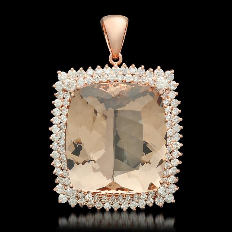 14K Gold 57.18ct Morganite 4.17ct Diamond Pendant: Retail: $35,180.00******14K Gold Morganite & Diamond Pendant ****** Metal: 14K Solid Rose Gold / Total Item Weight: 28.5 / Country Made: United States / / Main Stone: Morganite / Color: Light Orangy P