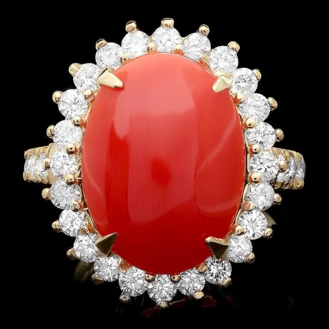 14k Yellow Gold 5.00ct Coral 1.35ct Diamond Ring: Retail: $12,450.00 ****** 14k Yellow Gold 5.00ct Coral 1.35ct Diamond Ring ****** Metal: 14k Solid Yellow Gold / Size: 6.5 / Total Item Weight: 7.5 grams / Country Made: United States / / Main Stone: 