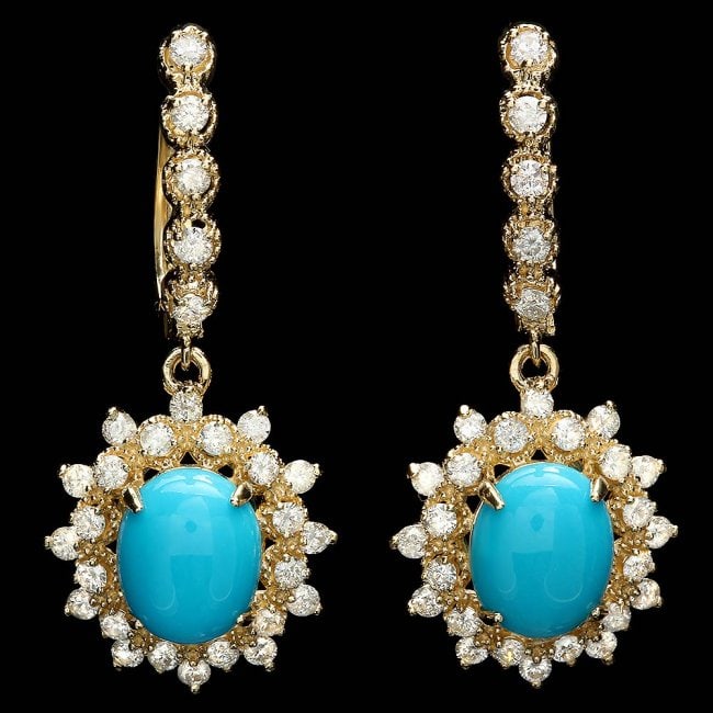 14k Gold 4.00ct Turquoise 1.65ct Diamond Earrings: Retail: $12,000.00 ****** 14k Gold 4.00ct Turquoise 1.65ct Diamond Earrings ****** Metal: 14k Solid Yellow Gold / Total Item Weight: 8.0 grams / Country Made: United States / / Main Stone: Turquoise /