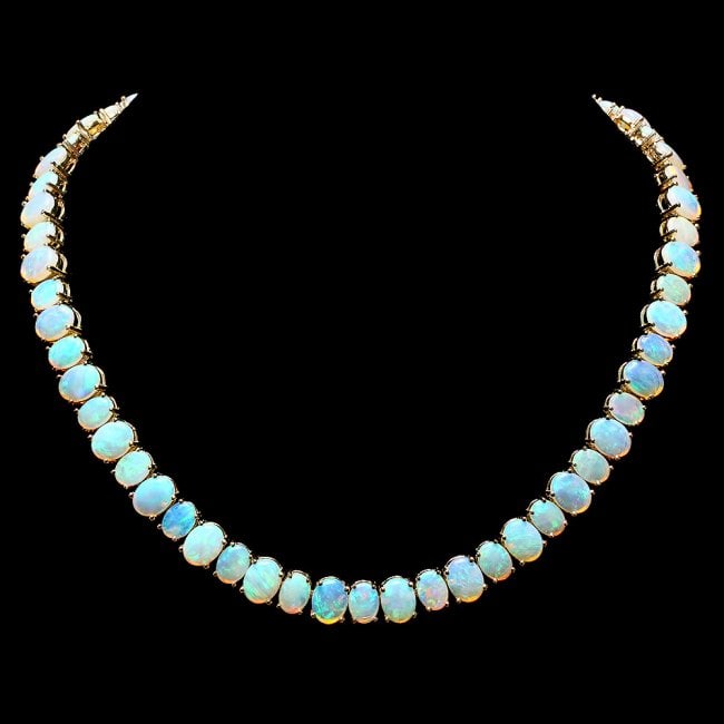 14k Yellow Gold 50.00ct Opal Necklace: Retail: $39,600.00 ****** 14k Yellow Gold 50.00ct Opal Necklace ****** Metal: 14k Solid Yellow Gold / Size: 16.5 / Total Item Weight: 49 grams / Country Made: United States / / Main Stone: Opal / Colo