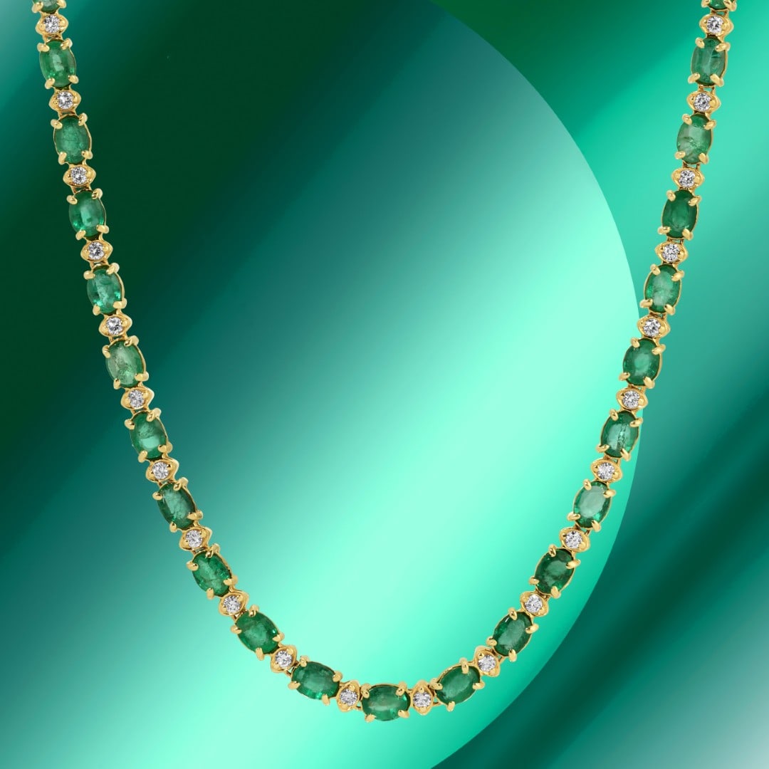 14K Gold 12.88cts Emerald & 1.15cts Diamond Necklace