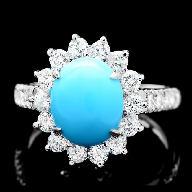14k Gold 2.50ct Turquoise 1.20ct Diamond Ring: Retail: $7,800.00 ****** 14k Gold 2.50ct Turquoise 1.20ct Diamond Ring ****** Metal: 14k Solid White Gold / Size: 6.5 / Total Item Weight: 5.5 grams / Country Made: United States / / Main Stone: Turqu