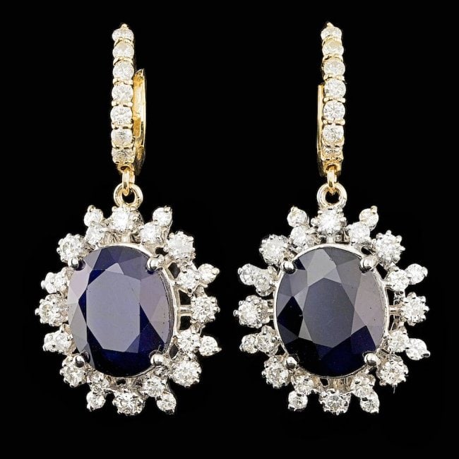 14k Gold 13.00ct Sapphire 2.25ct Diamond Earrings: Retail: $21,500.00 ****** 14k Gold 13.00ct Sapphire 2.25ct Diamond Earrings ****** Metal: 14k Solid Multi-Tone Gold / Total Item Weight: 10.5 grams / Country Made: United States / / Main Stone: Sapphi