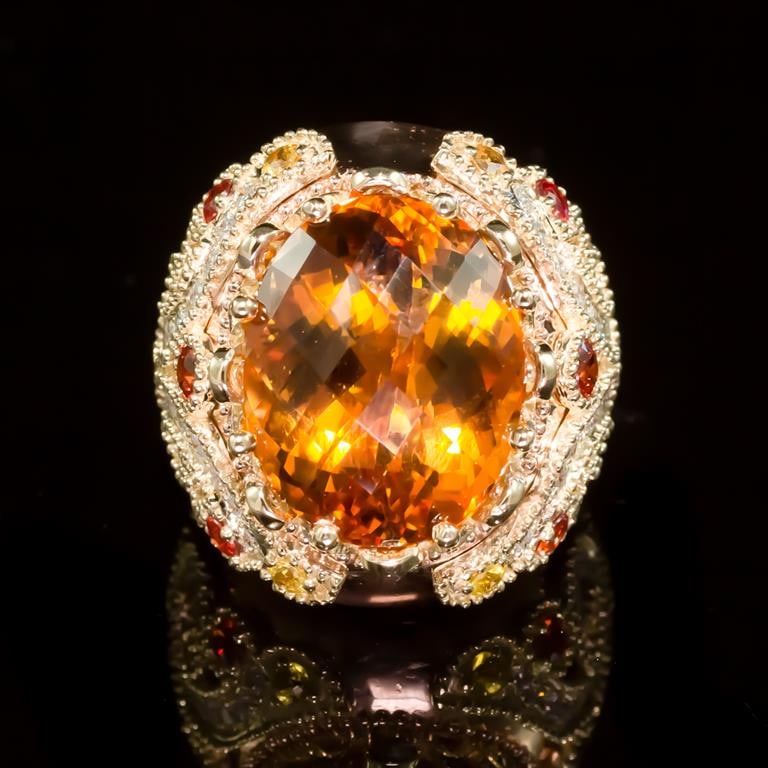 14K Gold 18.02ct Citrine, 1.40ct Orange Sapphire 1.25ct Diamond Ring: Retail: $14,646.00 ****** Citrine, Orange Sapphire & Diamond Ring ****** Metal: 14K Solid Rose Gold / Total Item Weight: 20.5 grams / Country Made: United States / / Main Stone: Citrine / Color: Orang