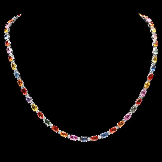14k Gold 29ct Sapphire 1.45ct Diamond Necklace: Retail: $21,450.00 ****** 14k Gold 29ct Sapphire 1.45ct Diamond Necklace ****** Metal: 14k Solid White Gold / Size: 17 / Total Item Weight: 21.5 grams / Country Made: United States / / Main Stone: Sap