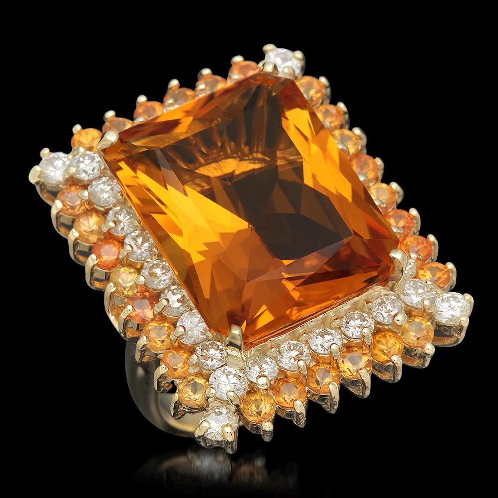 14K Gold 17.71ct Citrine 2.15ct Sapphire 1.95ct Diamond Ring: Retail: $12,500.00 ****** 14K Gold 17.71ct Citrine 2.15ct Orange Sapphire 1.95ct Diamond Ring ****** Metal: 14K Solid Gold / Total Item Weight: 16.1 grams / Country Made: United States / / Main Stone: